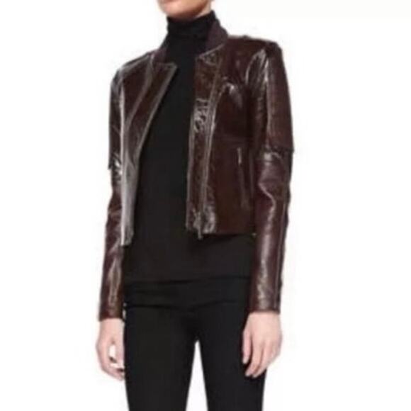 THEORY Shezi Polished Moto Lambskin Leather Jacket Brown - Sz XS - Picture 2 of 9